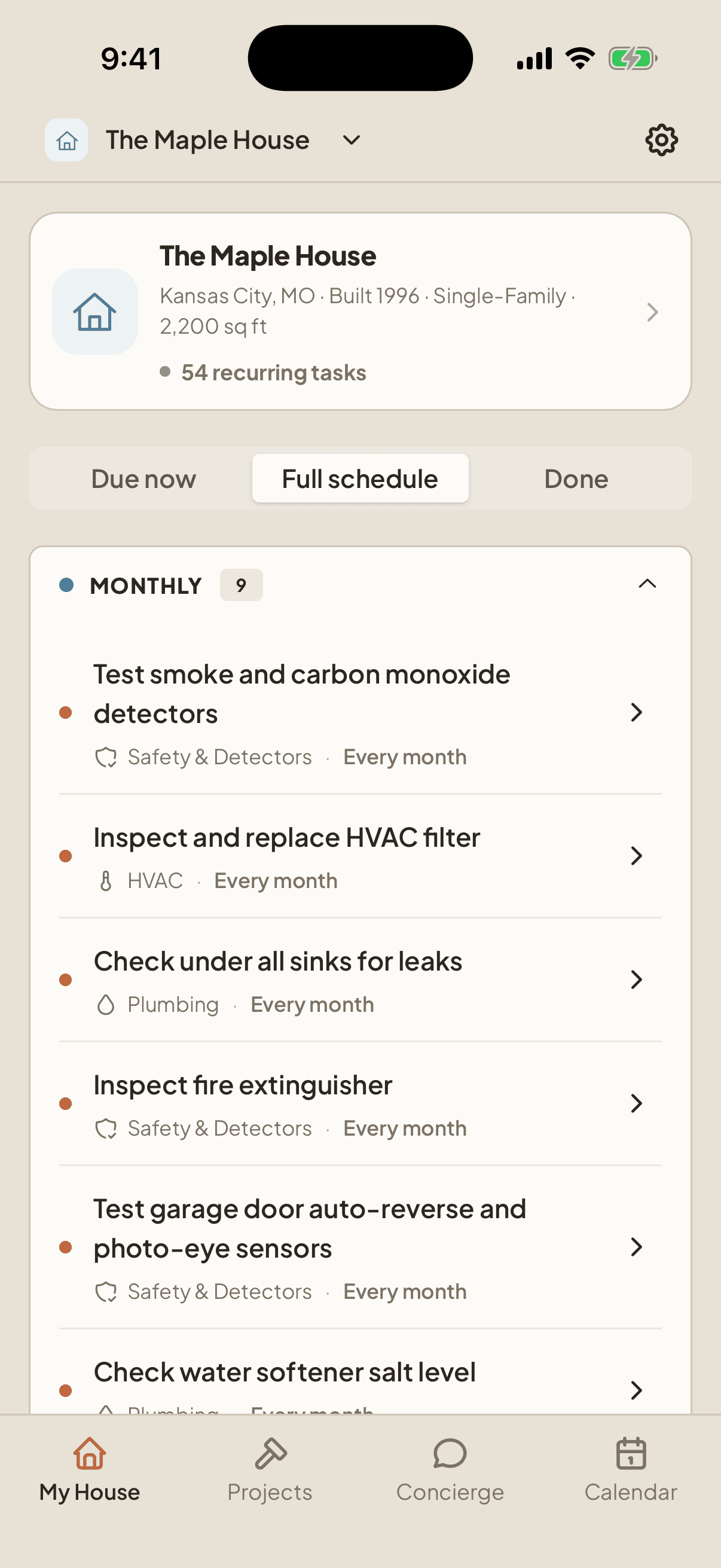 Nestie app: full maintenance schedule